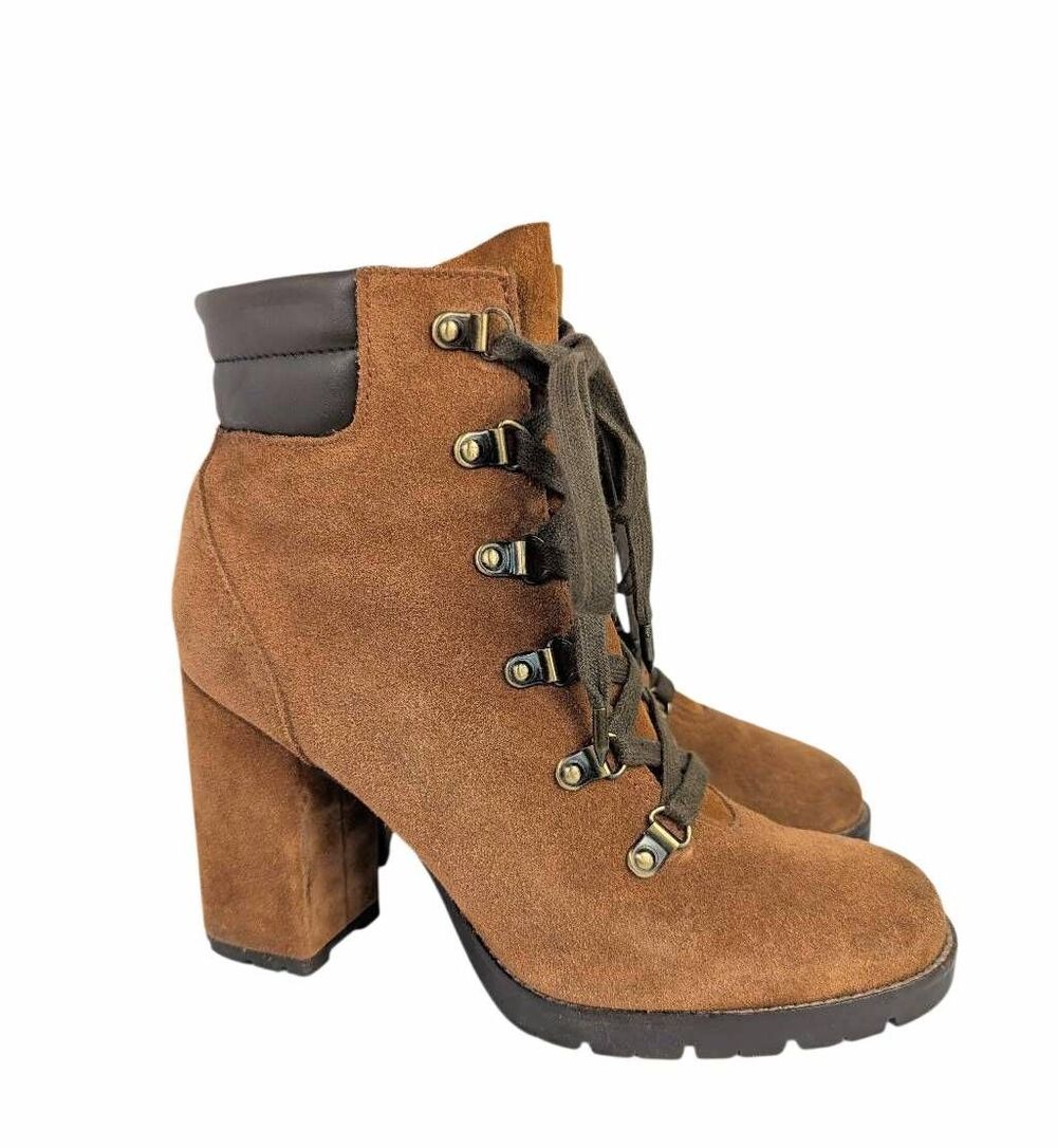 Sam Edelman Carolena tan suede lace up combat block heel booties womens 8